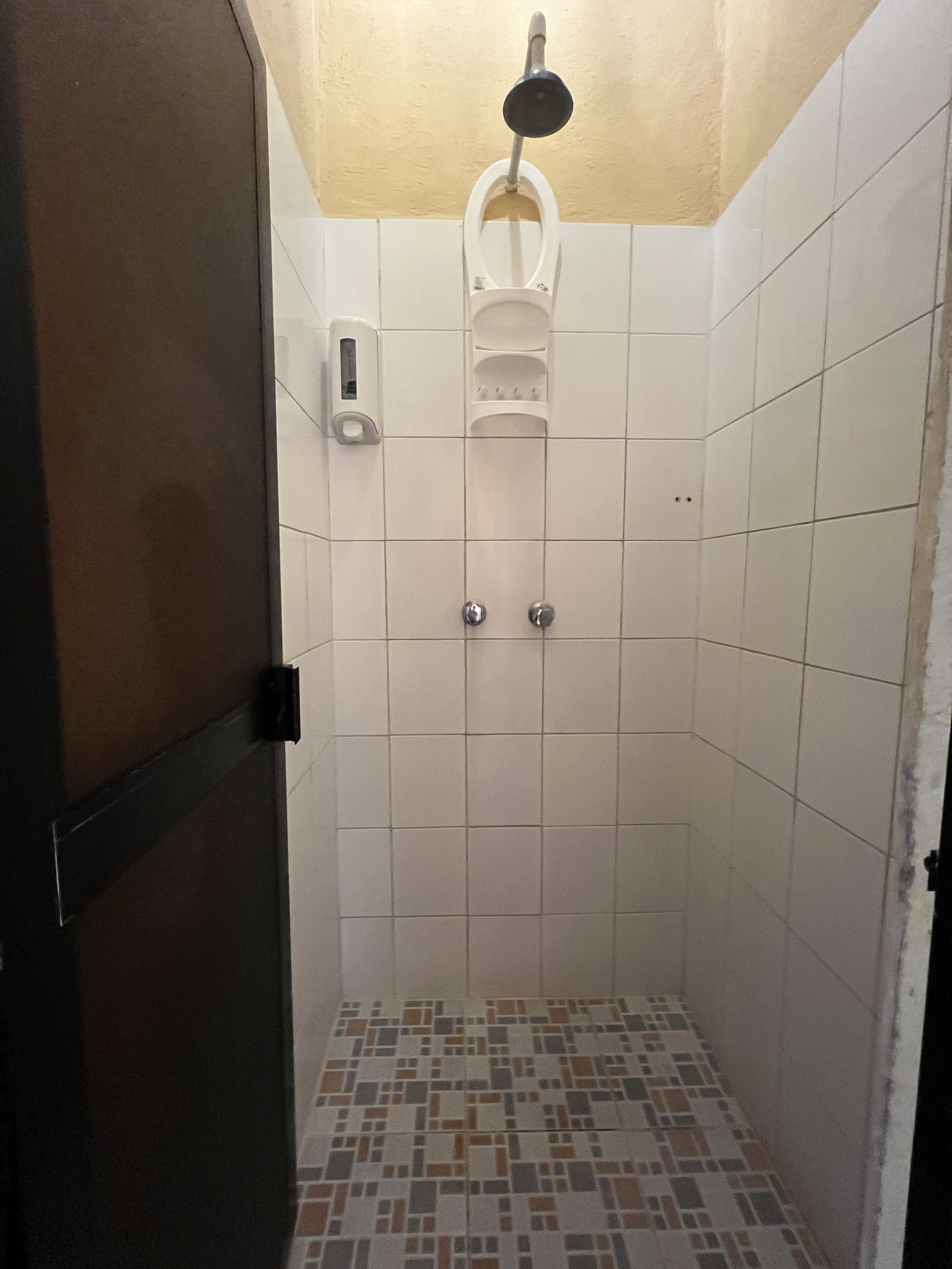 A small, tiled shower room with a handheld showerhead, a soap dispenser, and a shelf above the toilet.
