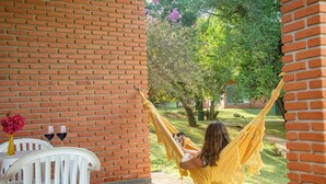 Una persona descansando en una hamaca en un patio con un muro de ladrillo, una mesa con bebidas y vista a un jardín.