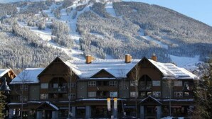 Un hotel rural amb diverses edificacions, cadascuna amb teulada inclinada i xemeneia, davant d'un paisatge de muntanyes i arbres coberts de neu.