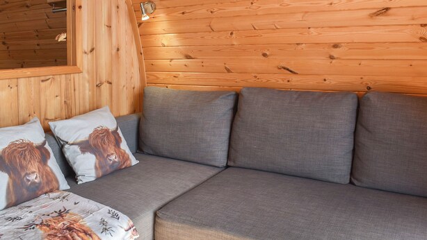 A wooden-paneled room with a grey sofa, two pillows with animal prints, and a wall-mounted light fixture. - 1 bedroom accommodation in Corney, near Millom (Corney, near Millom)