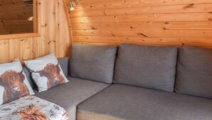 Et rum med træpaneler, en grå sofa, to puder med dyremønstre og en vægmonteret lampe.