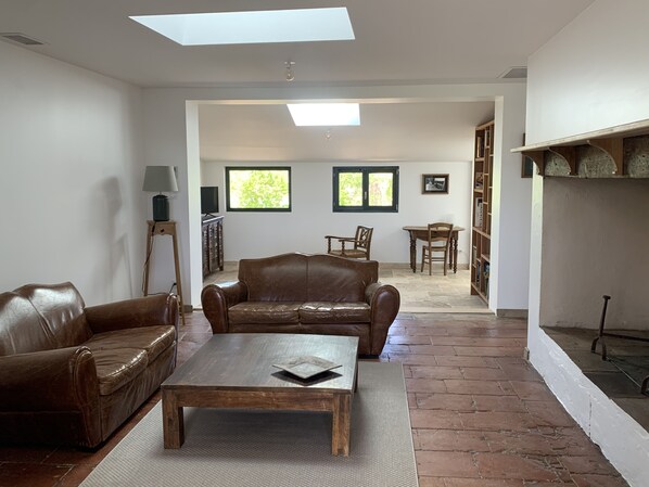 TV connectée, cheminée, livres