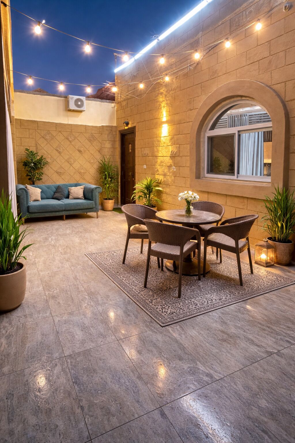 An outdoor patio with a dining table, chairs, potted plants, and string lights.