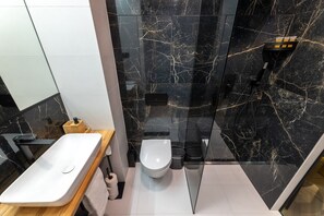 Hair dryer, towels, soap, shampoo