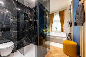 Hair dryer, towels, soap, shampoo
