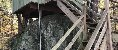 Una casa en un árbol con una escalera de madera y una pequeña puerta, construida sobre una gran roca.