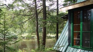 Una cabaña con techo verde y ventanas, rodeada por un bosque y un lago.