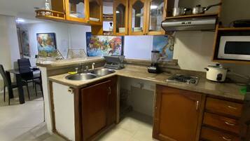 Fridge, blender, griddle, cookware/dishes/utensils