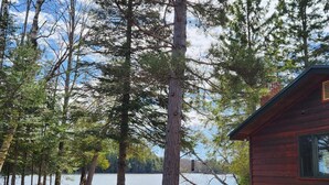 A cabin with a view of a lake surrounded by tall trees. - Cabin with private peninsula on Presque Isle Chain of Lakes! (Presque Isle)