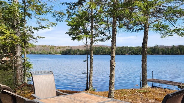 A lakeside seating area with a table and chairs, surrounded by trees and a view of a lake. - Cabin with private peninsula on Presque Isle Chain of Lakes! (Presque Isle)