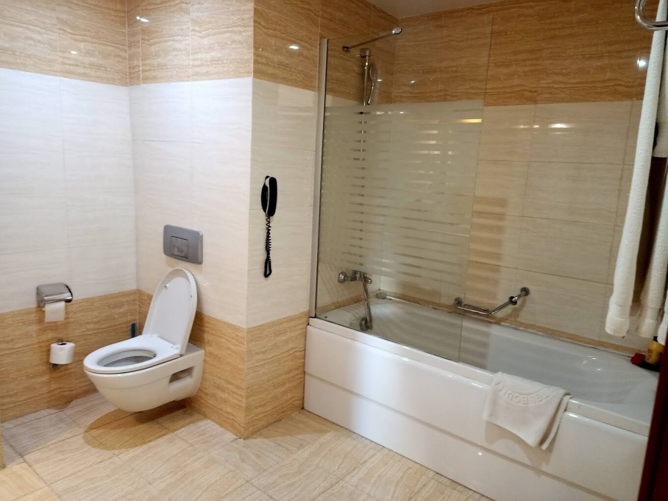 A modern bathroom with a toilet, a glass-enclosed shower, and a bathtub.
