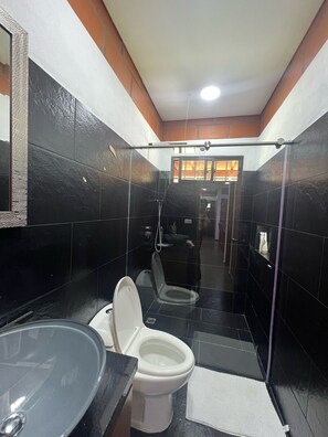 Regadera, toallas, jabón, papel de baño 