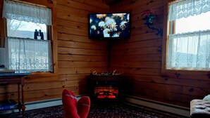 A cozy cabin interior with a television mounted on the wall, a fireplace, and a patterned rug on the floor. - Panoramic View, Catskill Mountain Agri-Cabin (Gilboa)