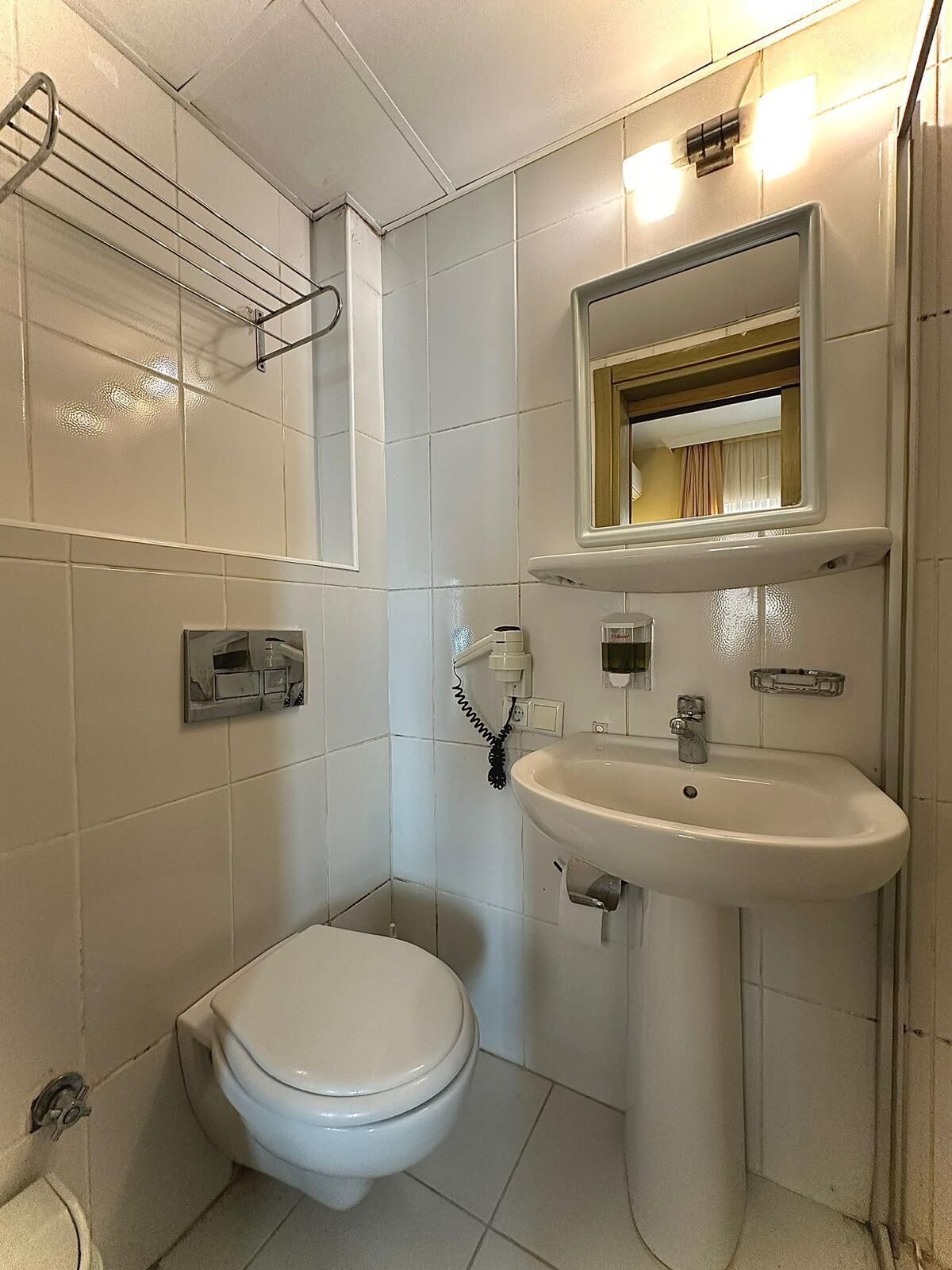 Shower, rainfall showerhead, hair dryer, slippers