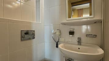 Shower, rainfall showerhead, hair dryer, slippers