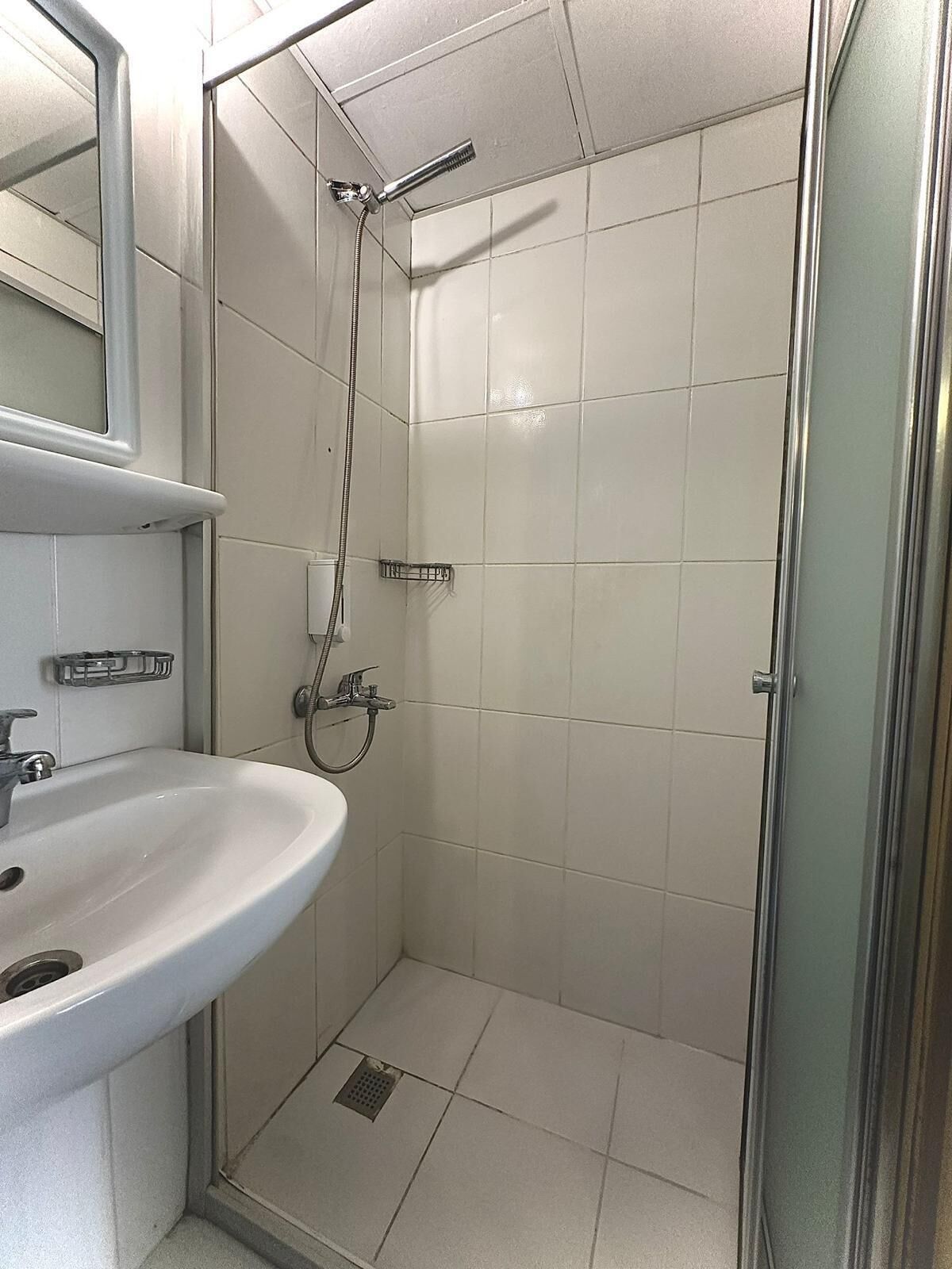 Shower, rainfall showerhead, hair dryer, slippers