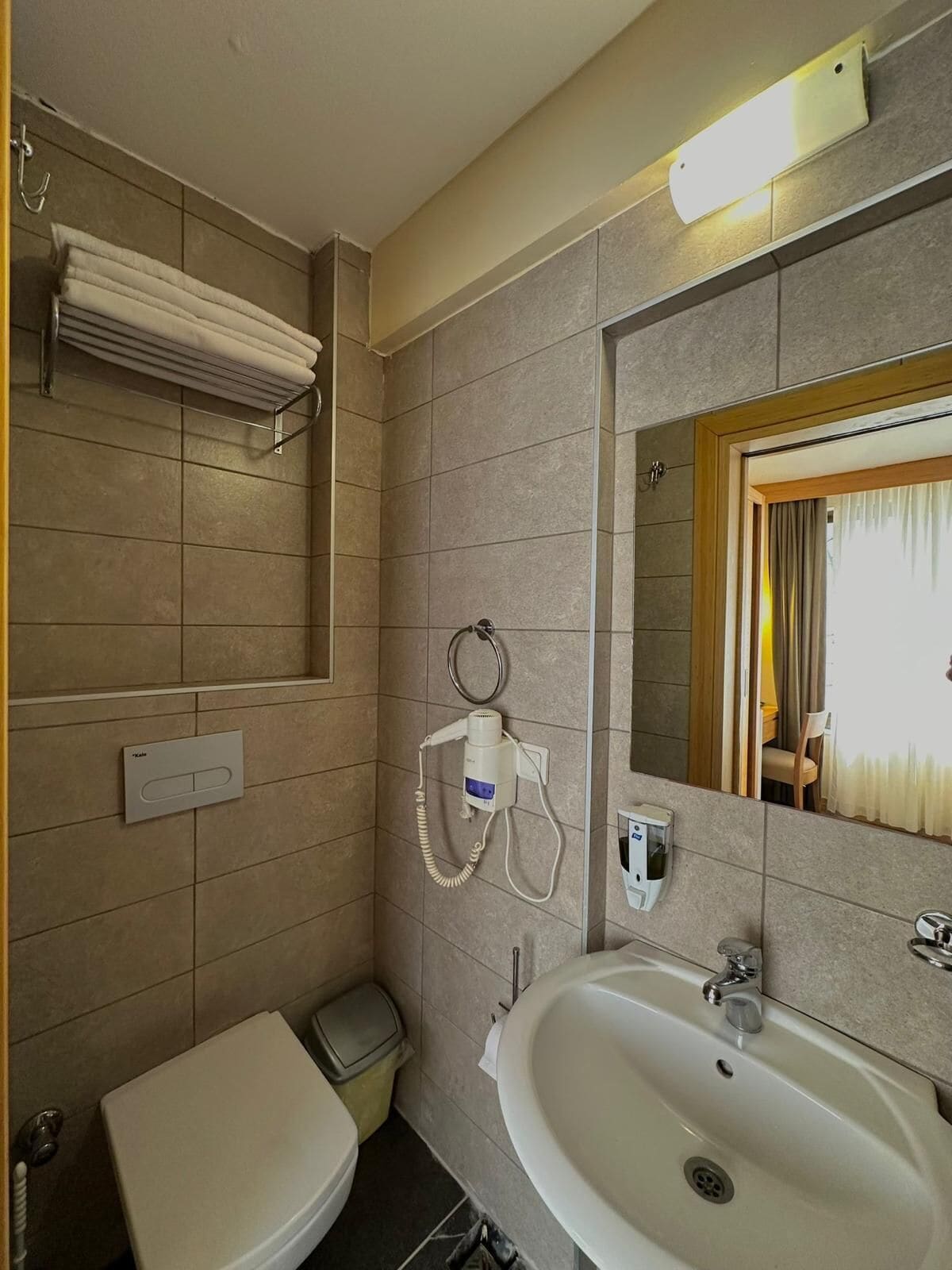 Shower, rainfall showerhead, hair dryer, slippers