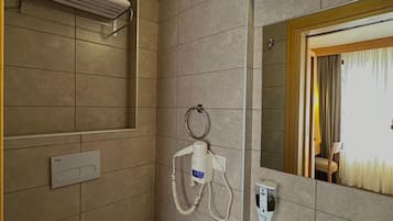 Shower, rainfall showerhead, hair dryer, slippers