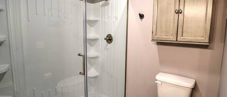 A bathroom with a glass shower enclosure, a toilet, and a wooden cabinet above the toilet.
