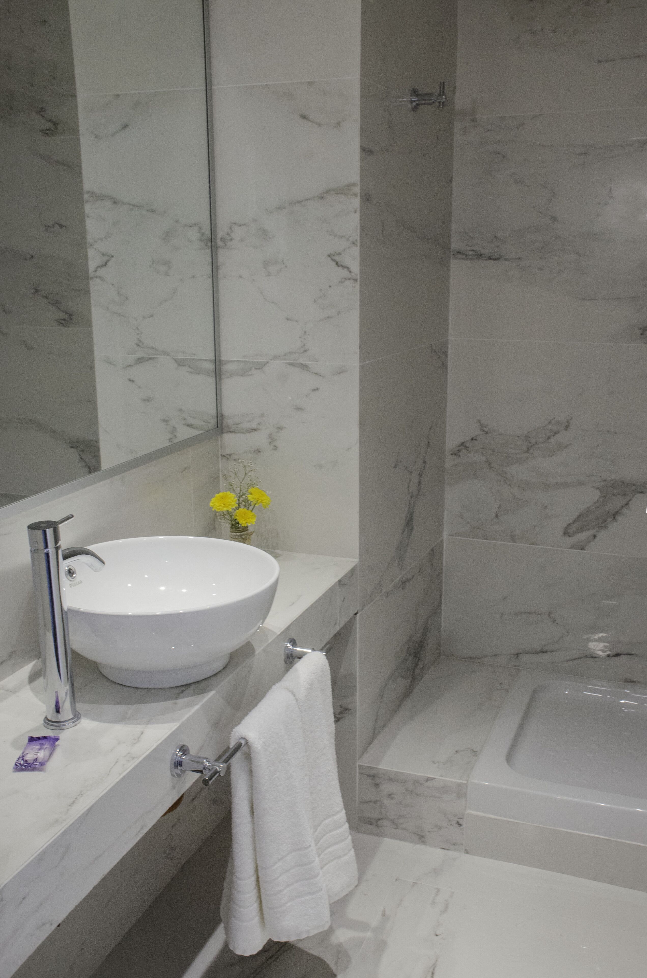 Chuveiro, secador de cabelo, bidê, toalhas de banho