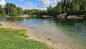Orilla de río con agua cristalina, zonas verdes y árboles densos al fondo.