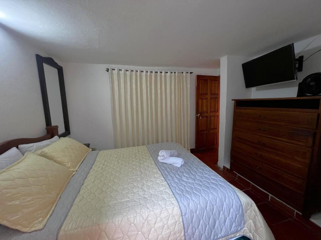 Une chambre à coucher avec un lit, une commode en bois, un téléviseur et une porte.