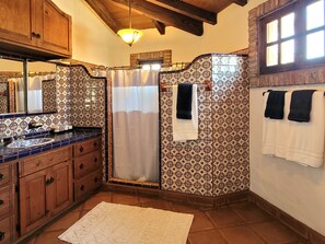 Shower, free toiletries, towels, soap