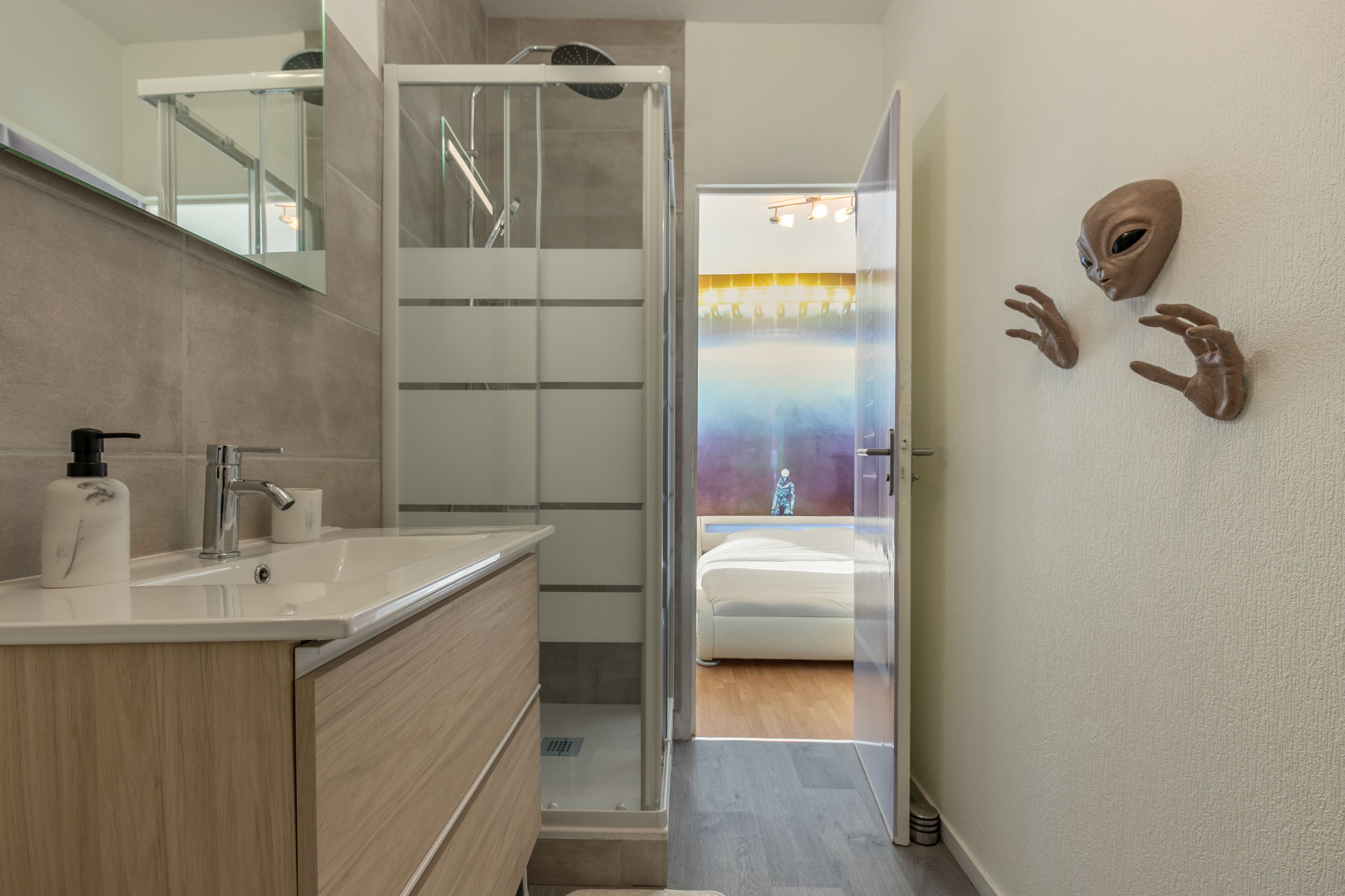 Shower, towels, soap, shampoo