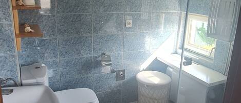A bathroom with a toilet, sink, and shower area.