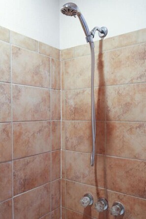 Hair dryer, towels, soap, shampoo