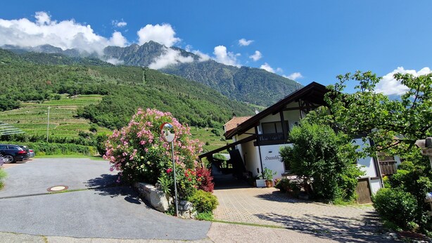 Un hotel rural con camino de entrada pavimentado, coches aparcados y montañas al fondo.