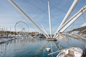 A marina with boats docked, a Ferris wheel in the background, and a large sailboat with multiple masts.