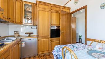 Fridge, stovetop, dishwasher, coffee/tea maker