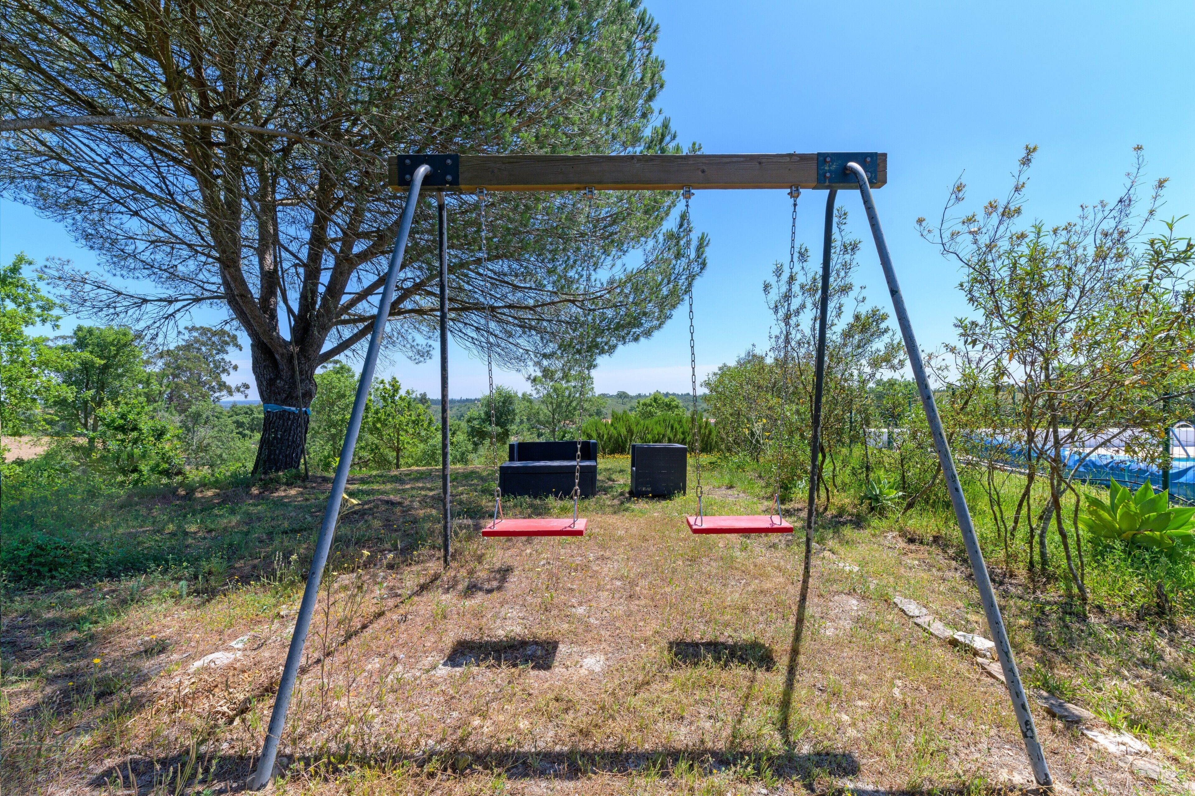 A swing set in a natural setting with a tree and a black object nearby.