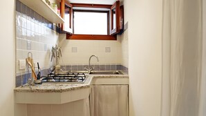Eine kompakte Küche mit Gaskochfeld, Spüle und einem Fenster über der Arbeitsfläche.