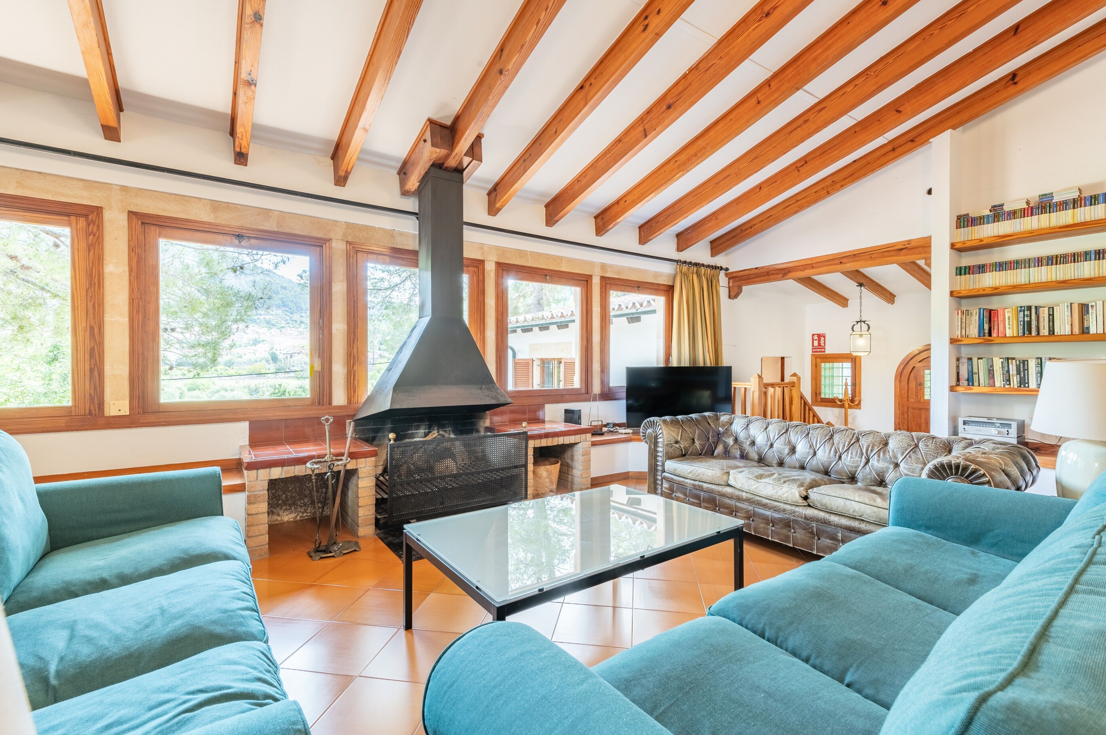 Una televisión, una chimenea