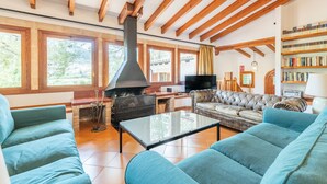Un salón amplio con chimenea, un sofá, un televisor y una estantería.