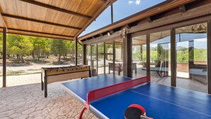 Une table de ping-pong, une table de baby-foot et une vue sur une forêt, visible à travers de grandes portes vitrées.