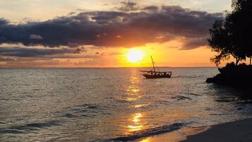 Enjoy a serene beach scene with a boat anchored in the calm waters, surrounded by trees and a tranquil atmosphere.