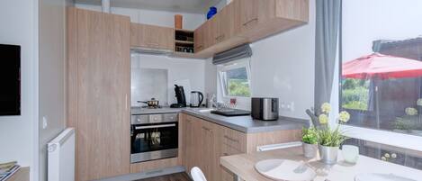 Fridge, oven, cookware/dishes/utensils