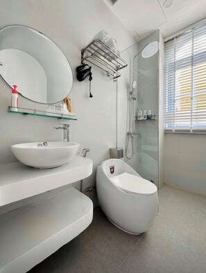 Shower, hair dryer, bidet, towels