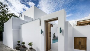 A modern building with a white exterior, a wooden door, and potted plants. - Villa Oasi 1 by Alfred in Bali (Pecatu)