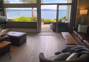 Smart TV, lareira, livros