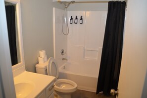 Hair dryer, towels, soap, shampoo