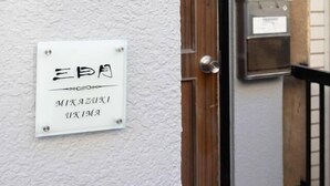 Une porte avec une enseigne indiquant « MIXAZUKI UKIMA » et un coffret électrique sur le côté droit.
