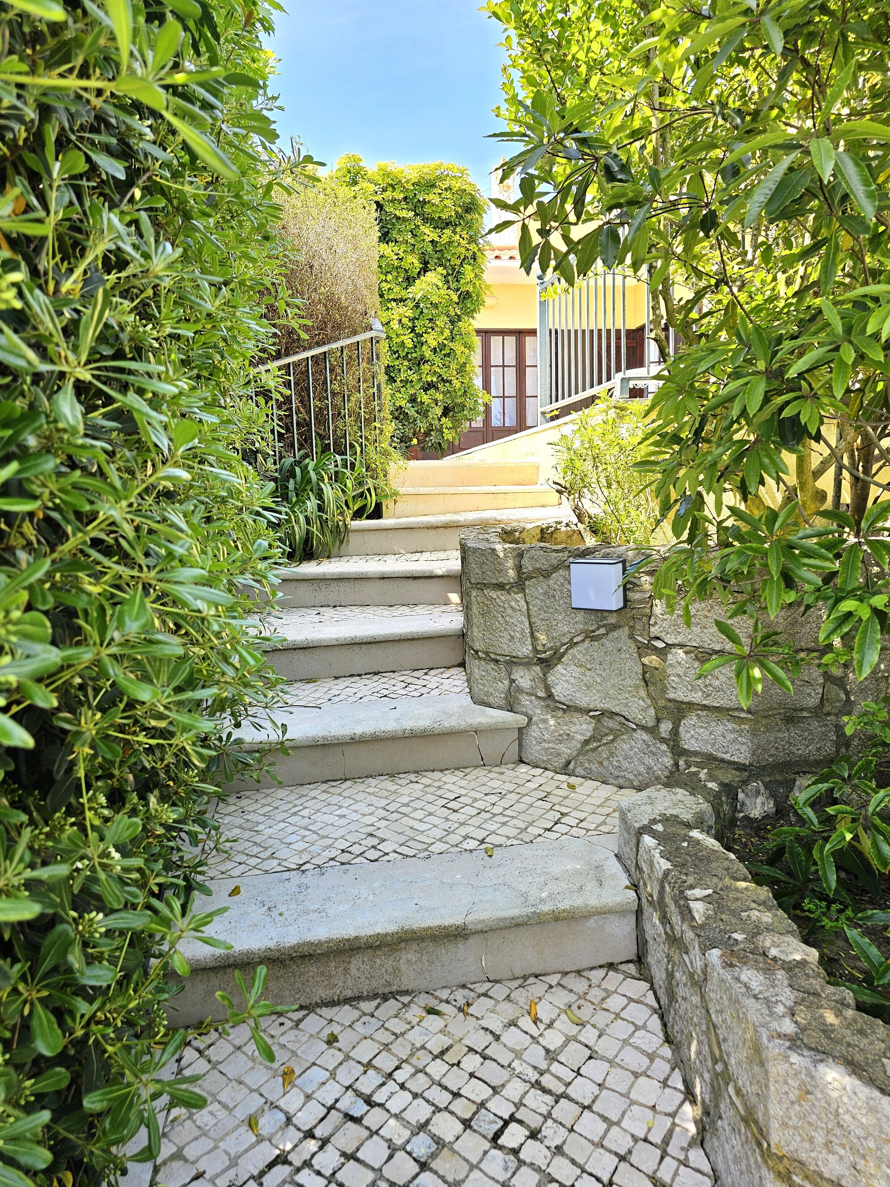 A stone staircase leading up to a building, surrounded by lush greenery.