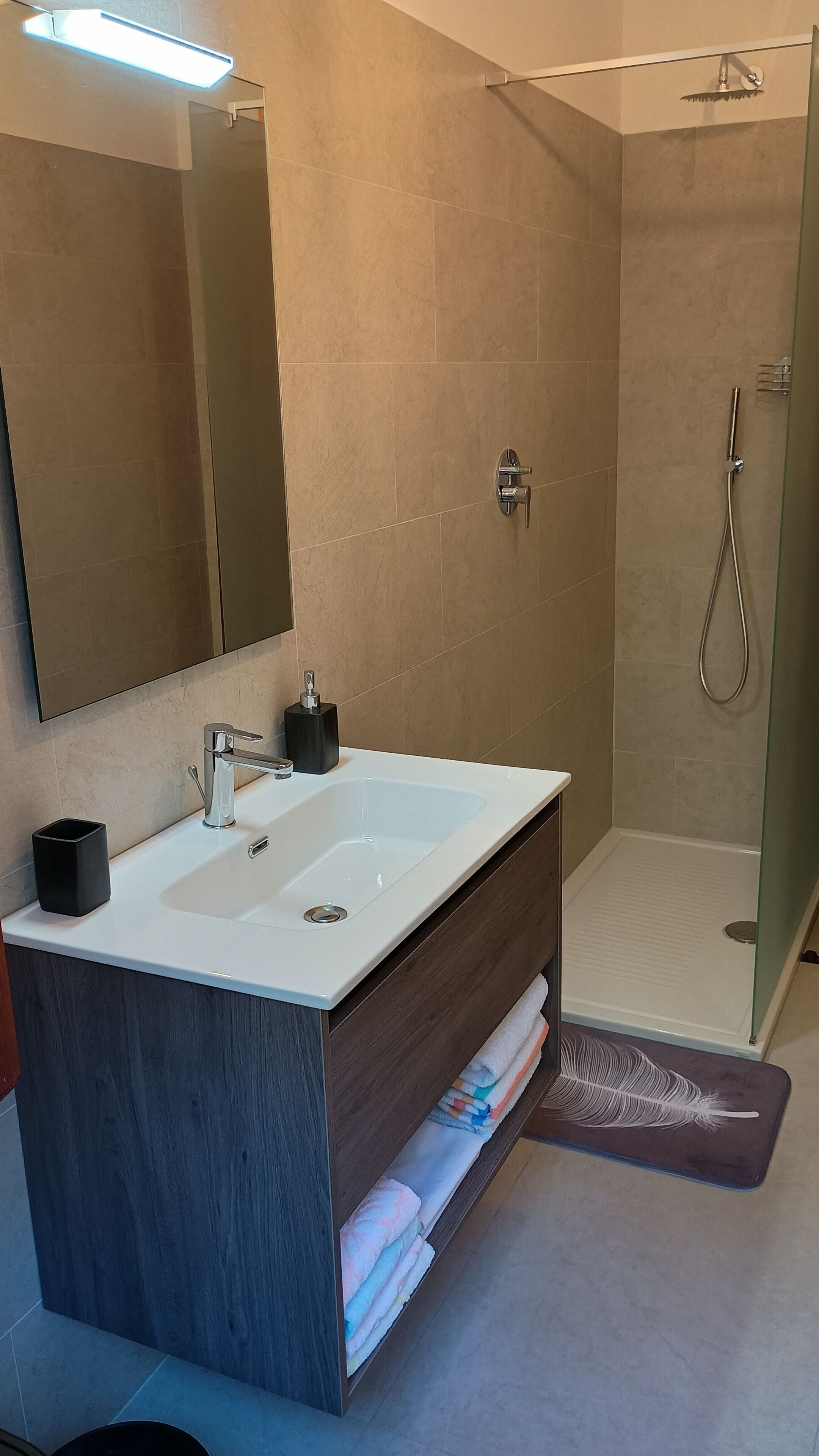 A modern bathroom with a white sink, a mirror, and a glass-enclosed shower.