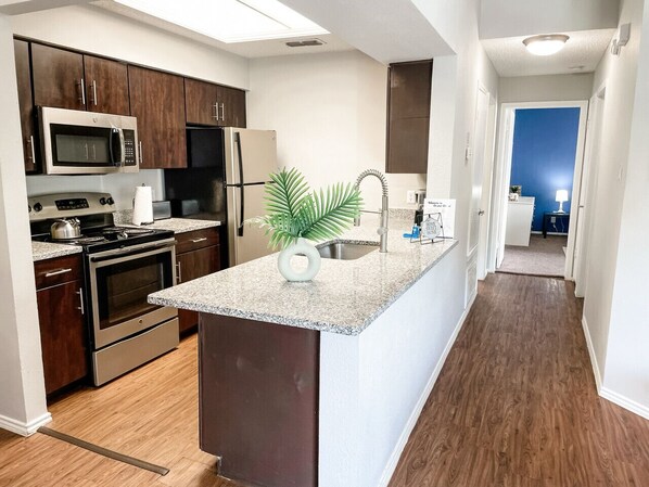 Coffee/tea maker, toaster, cookware/dishes/utensils