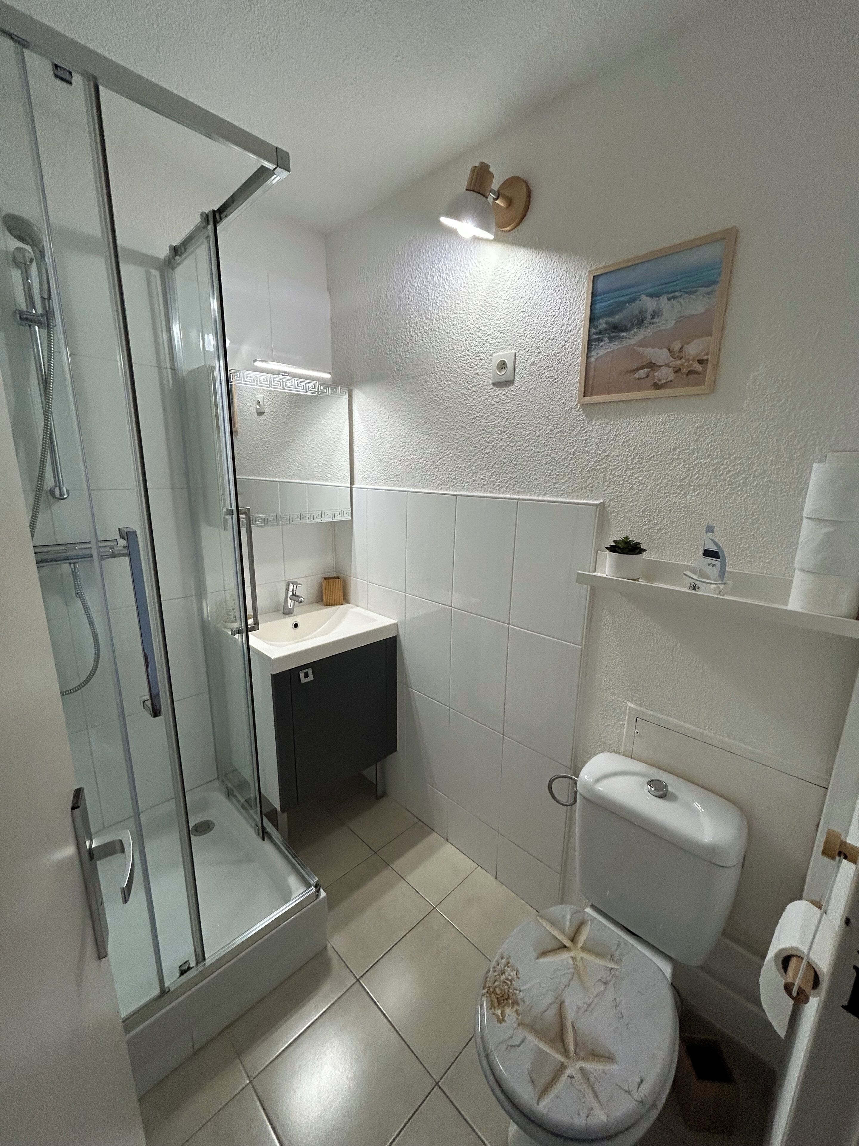 Een badkamer met een douchecabine van glas, een wastafel met spiegel, een toilet en een plank met toiletartikelen.