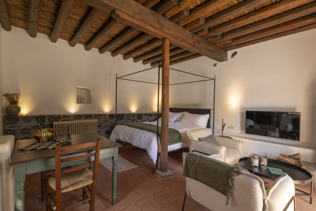 A room with a bed, a dining table, chairs, a TV, and a stone wall.